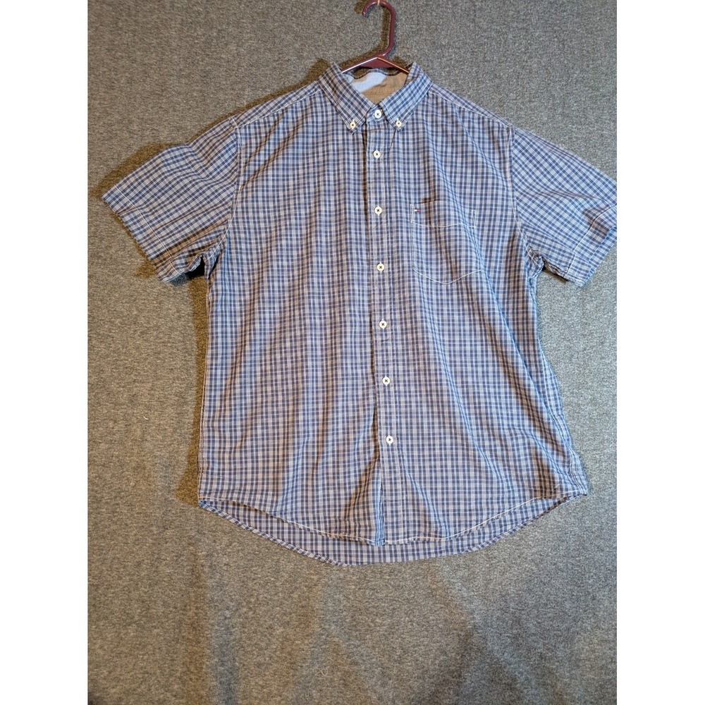 Tommy Hilfiger Shirt Men's Large Button Down Short Sleeve 1‎ Chest Pocket Plaid